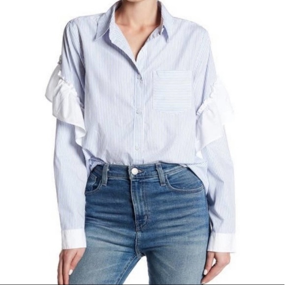 ABOUND striped ruffle Shoulder button up blouse long sleeve top - Picture 1 of 8